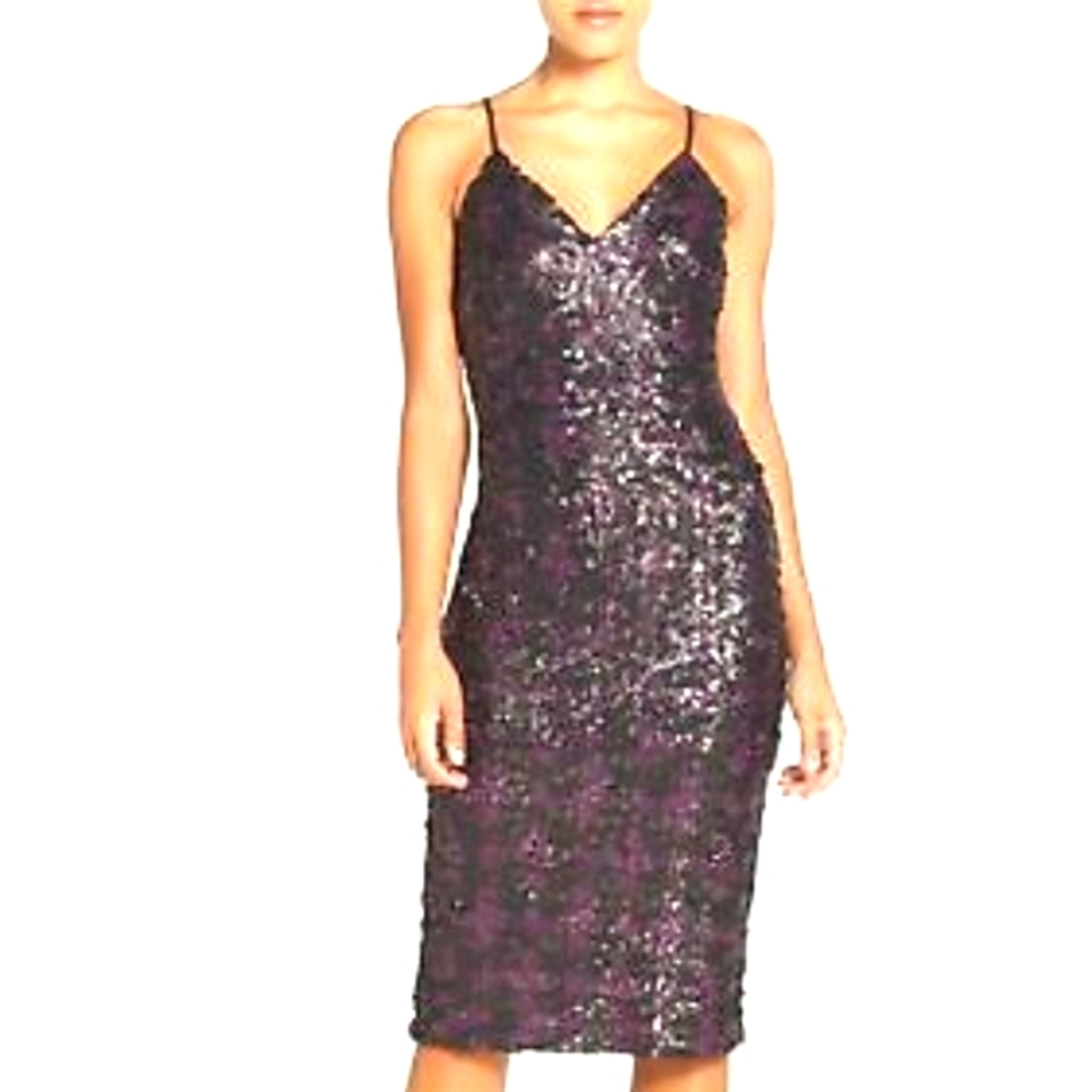 Dress The Population Nina Sequin Midi Dress, Sz XL Purple & Black
